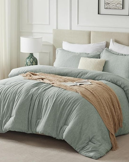 CozyLux Queen Size Comforter Set - 3 Pieces Sage Green Soft Luxury Cationic Dyeing Bedding Comforter for All Season, Breathable Lightweight Fluffy Boho Bed Sets with 1 Comforter and 2 Pillow Shams - LeafyLoom