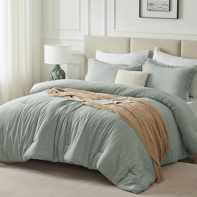 CozyLux California King Comforter Set - 3 Pieces Sage Green Soft Luxury Cationic Dyeing Cal King Size Bedding Comforter All Season, Breathable Lightweight Bed Sets with 1 Comforter and 2 Pillow Shams - LeafyLoom