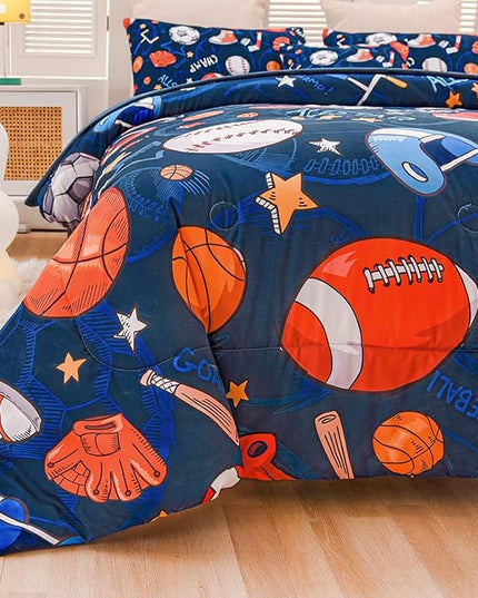 Sports Comforter Set with Sheet, 6 Pcs Bed in A Bag Twin Size Soccer Basketball Baseball Football Bedding Set for Boys Kids - LeafyLoom