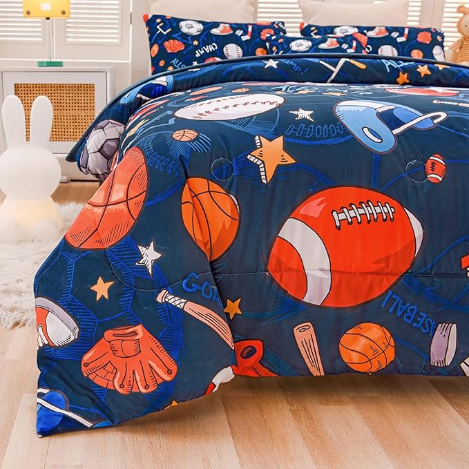 Sports Comforter Set with Sheet, 6 Pcs Bed in A Bag Twin Size Soccer Basketball Baseball Football Bedding Set for Boys Kids - LeafyLoom