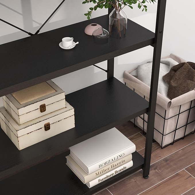 Panana 5 Tier Industrial Rustic Wooden Bookshelves, Vintage Open Wood and Metal Farmhouse Bookshelf Heavy Duty Storage Shelving Unit Rack (Black) - LeafyLoom