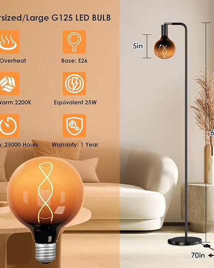Modern Floor Lamps with Light Bulb, Industrial Floor Lamp for Living Room 5" Light Bulb 69" Tall Bright Warm White Standing Lamp, E26 Socket, On/Off Foot Switch for Office Bedroom - LeafyLoom