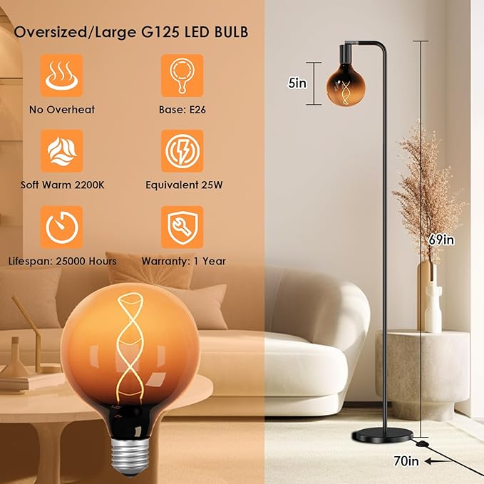 Modern Floor Lamps with Light Bulb, Industrial Floor Lamp for Living Room 5" Light Bulb 69" Tall Bright Warm White Standing Lamp, E26 Socket, On/Off Foot Switch for Office Bedroom - LeafyLoom