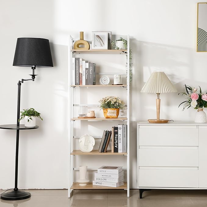 No-Assembly Folding Bookshelf Storage Shelves 5 Tiers Foldable Vintage Multifunctional Plant Flower Stand Storage Rack Shelves Bookcase for Home Office, White - LeafyLoom