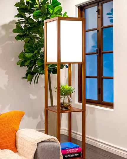 Brightech Maxwell - Modern Shelf Floor Lamp with Lamp Shade and LED Bulb - Corner Display Floor Lamps with Shelves for Living Room, Bedroom and Office - Walnut Brown - LeafyLoom