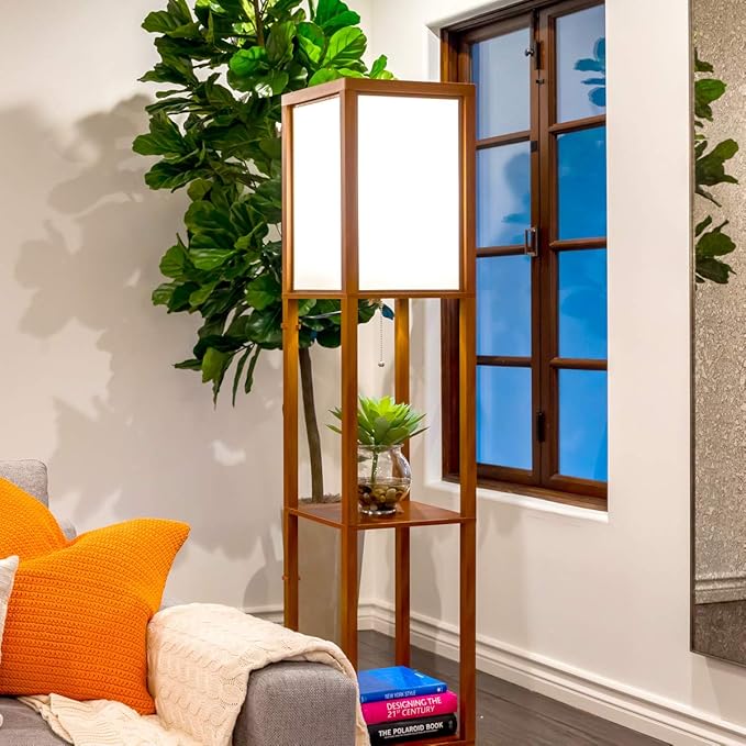 Brightech Maxwell - Modern Shelf Floor Lamp with Lamp Shade and LED Bulb - Corner Display Floor Lamps with Shelves for Living Room, Bedroom and Office - Walnut Brown - LeafyLoom