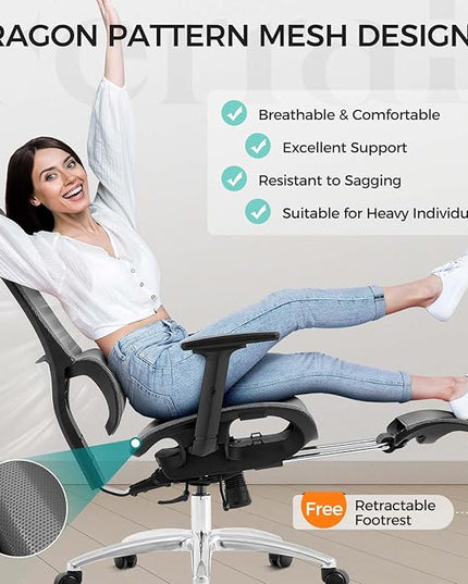 Ferral Ergonomic Office Chair, High Back Home Office Desk Chair with Lumbar Support, 4D Adjustable Armrest & Seat Depth, Computer Mesh Office Chair with Tilt Function, Adjustable Headrest, footrest - LeafyLoom