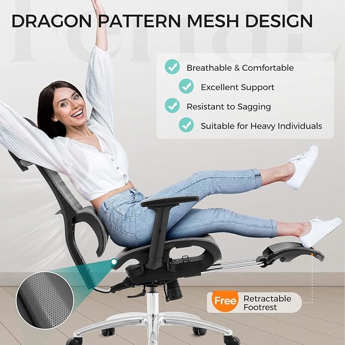 Ferral Ergonomic Office Chair, High Back Home Office Desk Chair with Lumbar Support, 4D Adjustable Armrest & Seat Depth, Computer Mesh Office Chair with Tilt Function, Adjustable Headrest, footrest - LeafyLoom