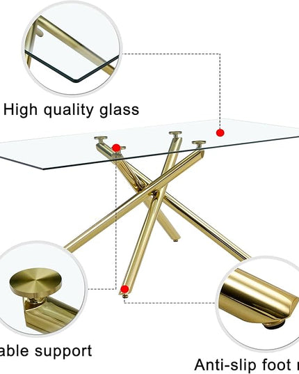 NicBex Large Modern Minimalist Rectangular Glass Dining Table for 6-8 with 0.39" Tempered Glass Tabletop and Golden Metal Legs for Kitchen Dining Living Meeting Room Banquet Hall, Golden - LeafyLoom