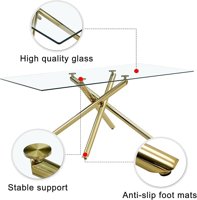 NicBex Large Modern Minimalist Rectangular Glass Dining Table for 6-8 with 0.39" Tempered Glass Tabletop and Golden Metal Legs for Kitchen Dining Living Meeting Room Banquet Hall, Golden - LeafyLoom