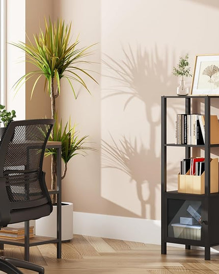 TUTOTAK 4 Tier Bookcase and Bookshelf, Narrow Book shelf with Door for Small Space, for Living Room, Office, Study, Entryway, Black BS03BK004 - LeafyLoom