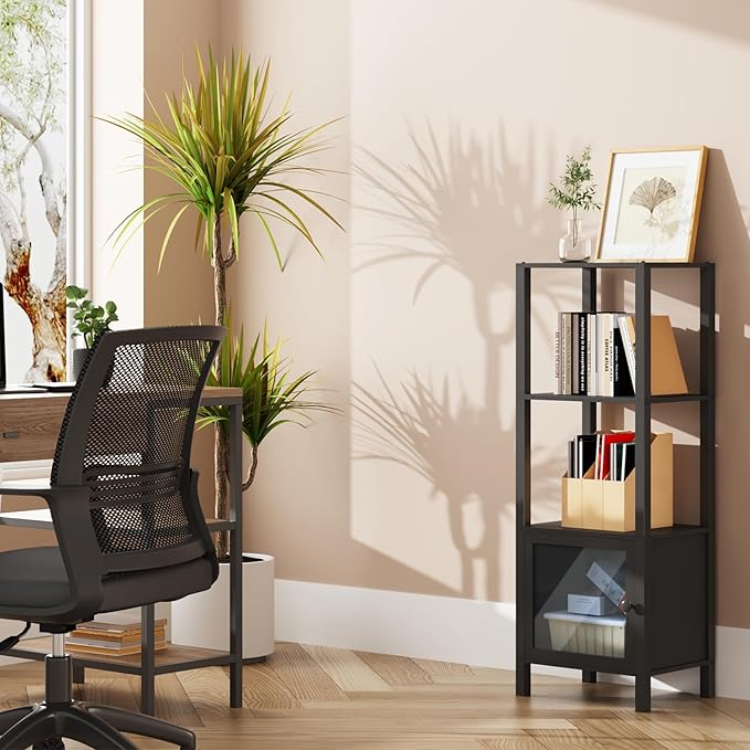TUTOTAK 4 Tier Bookcase and Bookshelf, Narrow Book shelf with Door for Small Space, for Living Room, Office, Study, Entryway, Black BS03BK004 - LeafyLoom