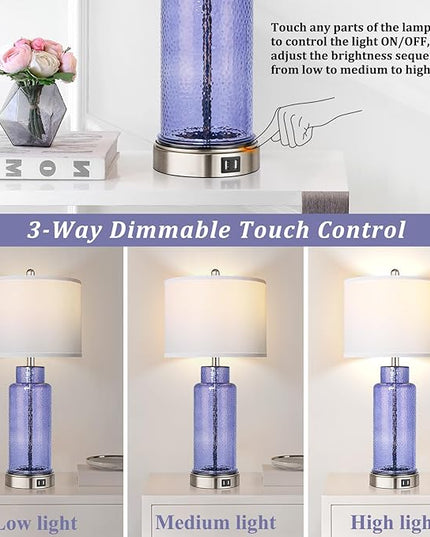 QiMH Table Lamps for Bedrooms Set of 2, Blue Glass Beside Lamps for Living Room with Touch Control USB Ports, 26" Large Modern Coastal Nightstand Lamp White Shade Home Decor(LED Bulbs Included) - LeafyLoom