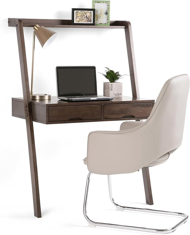 SIMPLIHOME Aleck SOLID WOOD 36 inch Wide Home Office Desk, Writing Table, Workstation, Study Table Furniture in Warm Walnut Brown with 2 Drawers - LeafyLoom