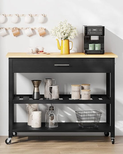 Shintenchi Kitchen Island Cart with Storage,Rolling Kitchen Island Side Table on Wheels with Large Worktop,Storage Cabinet,Towel Rack,Drawers and Open Shelves for Kitchen,Dinning Room,Black - LeafyLoom