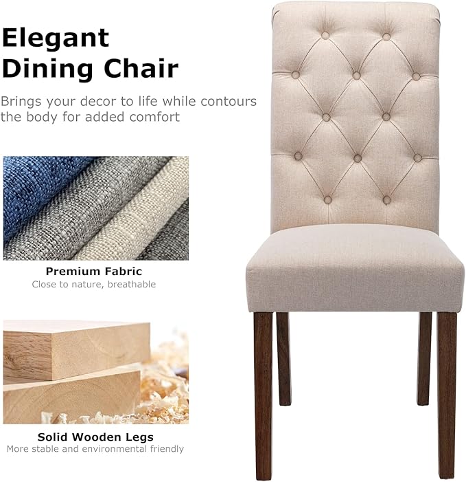 COLAMY Tufted Dining Room Chairs Set of 4, Parsons Diner Chairs Upholstered Fabric Side Kitchen Chairs with Solid Wood Legs and Padded Seat - Beige - LeafyLoom