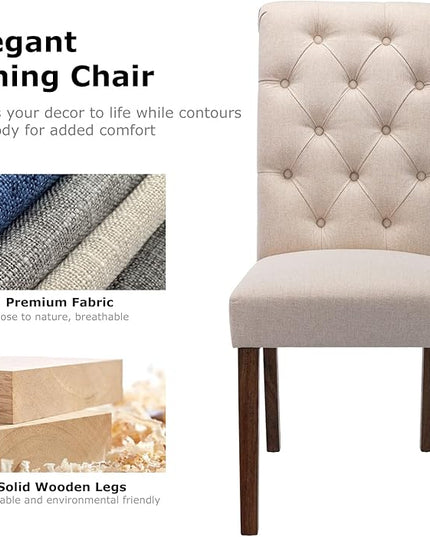 COLAMY Button Tufted Dining Chairs Set of 6, Accent Parsons Diner Chair Upholstered Fabric Dining Room Chairs Stylish Kitchen Chairs with Solid Wood Legs and Padded Seat - Dark Beige - LeafyLoom