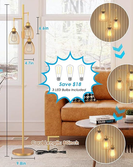 Gold Floor Lamp, Dimmable Industrial Floor Lamp Farmhouse Floor Lamps for Living Room with Cages 70'' Tall Lamp Modern Floor Lamp Standing Lamp for Bedroom Office Living Room 3 LED Bulbs Included - LeafyLoom