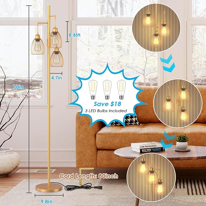 Gold Floor Lamp, Dimmable Industrial Floor Lamp Farmhouse Floor Lamps for Living Room with Cages 70'' Tall Lamp Modern Floor Lamp Standing Lamp for Bedroom Office Living Room 3 LED Bulbs Included - LeafyLoom