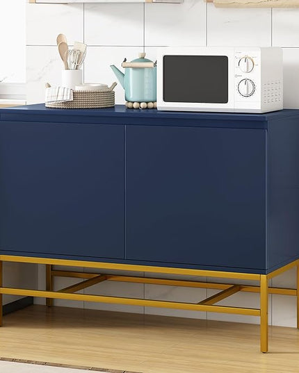 39.4" Minimalist & Luxury Two Door Sideboard with Gold Metal Legs,Freestandin Storage Buffet Cabinet,w/Adjustable Shelves,for Living, Dining Room,Entrance Passage,Navy - LeafyLoom