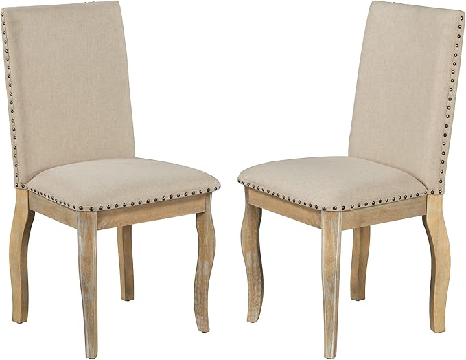 Set of 4 Upholstered Fabirc Chairs with Nailhead, Stable & Solid and Easy Assembly, Kitchen, Living Room, 4 Piece Dining Table Set, Natural Wood Wash 3 - LeafyLoom