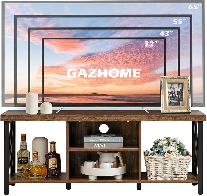 GAZHOME TV Stand for TV up to 55 Inches, TV Cabinet with Open Storage, TV Console Unit with Shelving for Living Room, Entertainment Room, Rustic Brown - LeafyLoom