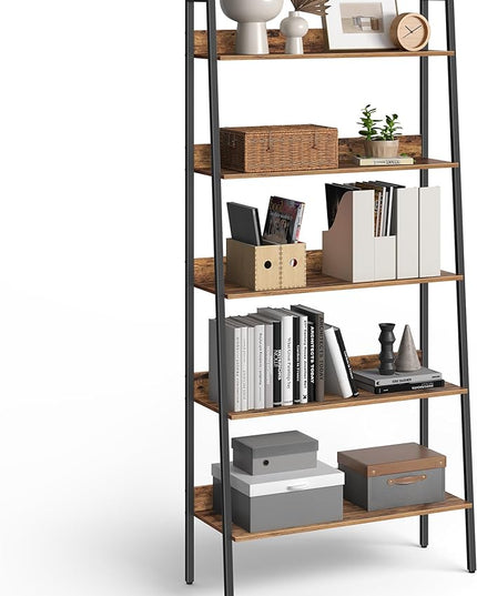 VASAGLE Bookshelf, 5-Tier Bookcase, Ladder Shelf for Home Office, Living Room, Bedroom, Kitchen, Rustic Brown and Ink Black ULLS129B01 - LeafyLoom