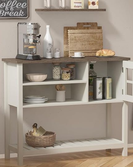 ChooChoo Farmhouse Coffee Bar Cabinet, Buffet Cabinet with Storage, Sideboard Buffet Cabinet with Glass Door, Console Table for Kitchen, Hallway, Entrance, White - LeafyLoom
