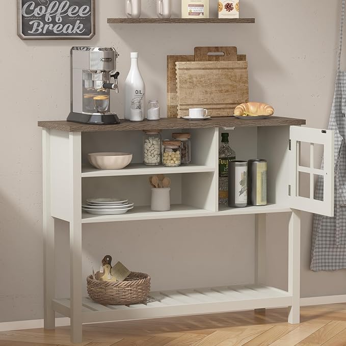 ChooChoo Farmhouse Coffee Bar Cabinet, Buffet Cabinet with Storage, Sideboard Buffet Cabinet with Glass Door, Console Table for Kitchen, Hallway, Entrance, White - LeafyLoom