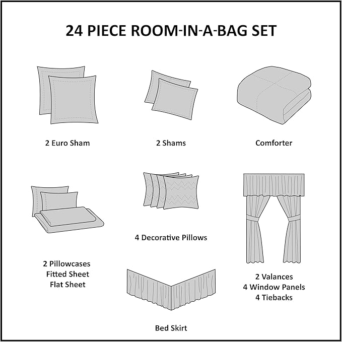 Madison Park Essentials Brystol 24 Piece Room in a Bag Faux Silk Comforter Jacquard Paisley Design Matching Curtains Down Alternative Hypoallergenic All Season Bedding-Set, Cal King, Blue - LeafyLoom