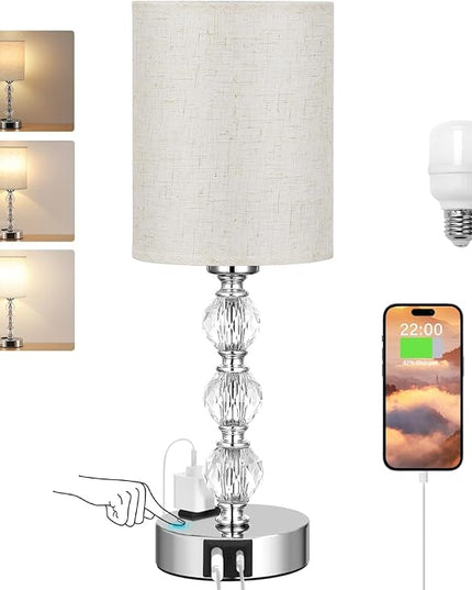 White Touch Bedside Lamps for Bedrooms - Crystal Table Lamp with USB C+A Charging Port and AC Outlet Nightstand, 3 Way Dimmable Silver Small End Side Table Lamp for Living/Guest/Dinning Room/Kitchen - LeafyLoom