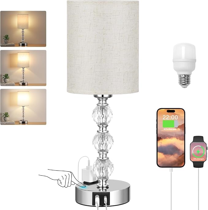 White Touch Bedside Lamps for Bedrooms - Crystal Table Lamp with USB C+A Charging Port and AC Outlet Nightstand, 3 Way Dimmable Silver Small End Side Table Lamp for Living/Guest/Dinning Room/Kitchen - LeafyLoom