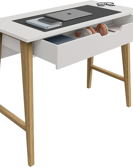PARMA 42 Inch Modern Desk - Home & Office Small Computer Desk with Wide Drawer - Wooden Study Writing Minimalist Desk with Storage for Small Space, Bedroom & Workstations - Student Desk/Table (White) - LeafyLoom
