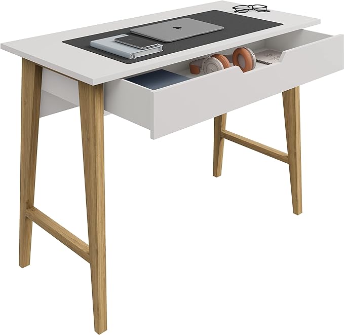 PARMA 42 Inch Modern Desk - Home & Office Small Computer Desk with Wide Drawer - Wooden Study Writing Minimalist Desk with Storage for Small Space, Bedroom & Workstations - Student Desk/Table (White) - LeafyLoom