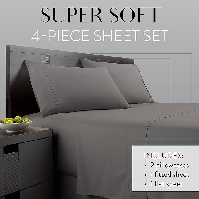 Danjor Linens Twin Sheets Set - Hotel Luxury Essential Bedding - 4 pc Soft Bedding & Pillowcases Set with Deep Pockets - Breathable Bed Sheets, Wrinkle Free - Grey Sheets - LeafyLoom