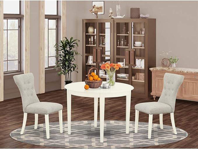 East West Furniture BOGA3-WHI-35 Boston 3 Piece Set for Small Spaces Contains a Round Kitchen Table and 2 Doeskin Fabric Parson Dining Chairs, Linen White, 42x42 Inch - LeafyLoom
