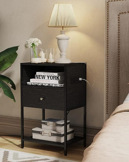 LDTTCUK Nightstand with Charging Station, Modern End Table with Drawer, Bedside Table with Open Storage for Bedroom,Black - LeafyLoom