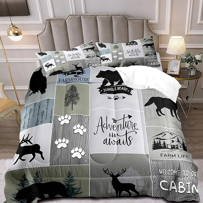 LUVIVIHOME 3PCS Rustic Cabin Comforter Set Full Size, Farmhouse Bedding Sets, Black Bear Deer Elk Moose Wolf Owl Forest Woodland Animals Wildlife Hunting Country Lodge Patchwork Quilt, 2 Pillow Shams - LeafyLoom