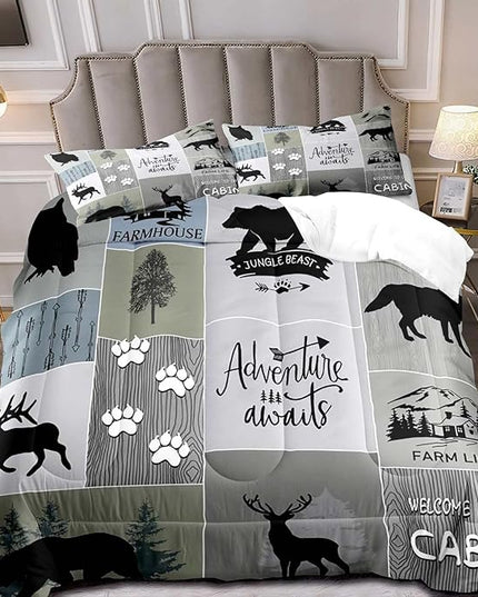 LUVIVIHOME 3PCS Rustic Cabin Comforter Set Queen Size, Farmhouse Bedding Sets, Black Bear Deer Elk Moose Wolf Owl Forest Woodland Animals Wildlife Hunting Country Lodge Patchwork Quilt, 2 Pillow Shams - LeafyLoom