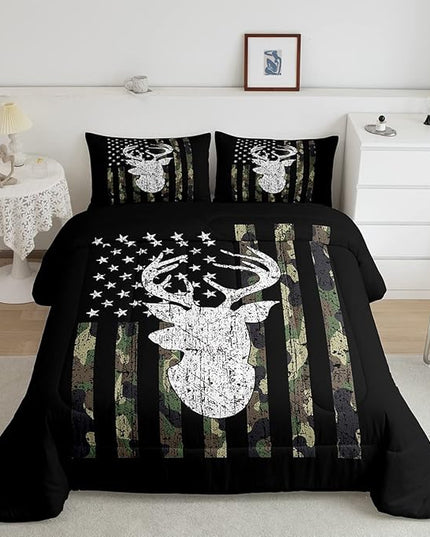 Deer Camo Comforter Set Queen Antlers Hunting Camo Bedding Sets For Teen Boys Men Camouflage American Flag Bed Comforter Set ,Western Farmhouse Wild Animal Bedding Quilt Black White Home Decor 3 Pcs - LeafyLoom