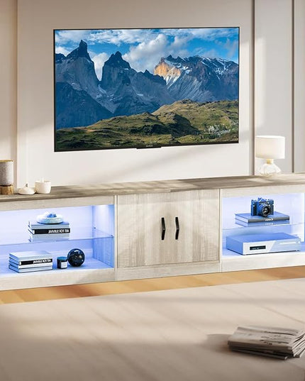 Bestier 80 Inch TV Stand for Large TVs 55/65/75/85/ inch, LED Entertainment Center with Two Cabinets, Adjustable Glass Shelves ＆ Cable Management, Gaming Tv Console for Living Room, Wash White - LeafyLoom