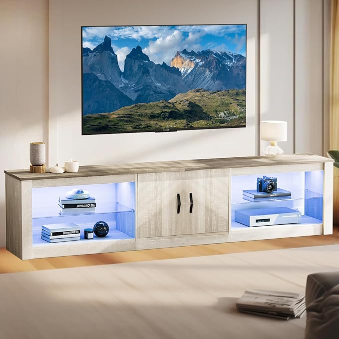 Bestier 80 Inch TV Stand for Large TVs 55/65/75/85/ inch, LED Entertainment Center with Two Cabinets, Adjustable Glass Shelves ＆ Cable Management, Gaming Tv Console for Living Room, Wash White - LeafyLoom