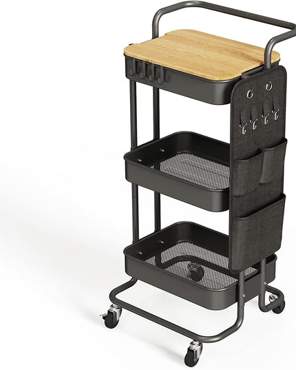 DTK 3 Tier Metal Utility Rolling Cart with Table Top and Side Bags, Tray Storage Organizer Wheels, Art Craft 4 Hooks for Kitchen Bathroom Office Living Room (Black) - LeafyLoom