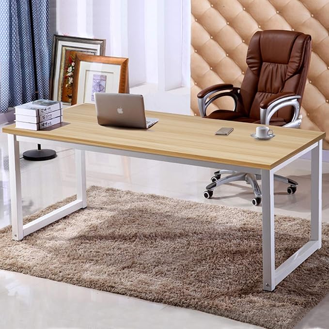 NSdirect 63" Computer Desk,Large Home Office Desk Wide Workstation 1 inch Thicker Tabletop for Writing,Games and Home Work PC Desk Modern Finish Wood Board and Sturdy Steel Legs,Oak+White - LeafyLoom