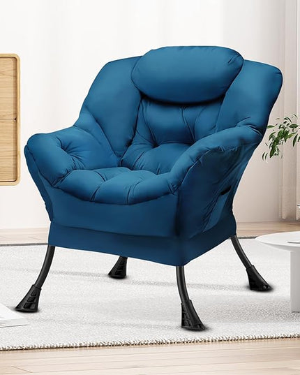 Fabric Lazy Chair Large Accent Chair,Velvet Frabic Modern Lounge Reading Chair with Armrests & Side Pocket,Upholstered Armchair for Living Room,Bedroom,Dorm,Blue - LeafyLoom
