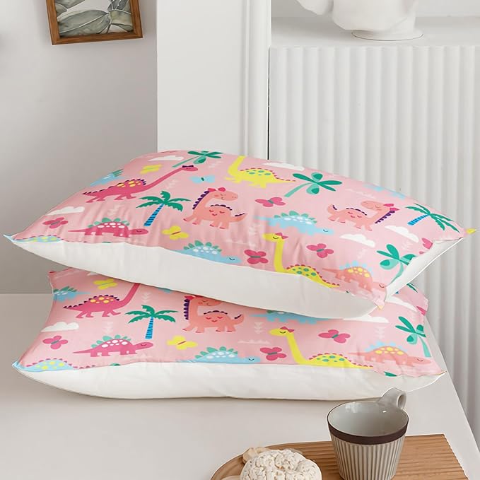 Axolotl Cute Dinosaur Comforter Set Full,Colorful Dinosaur Girls Bedding Set,Dinosaurs Print Comforter Sets Botanical Palm Trees,Butterfly Bedding Set for Kids Girls Teens,1 Quilt 2 Pillowcases,Pink - LeafyLoom