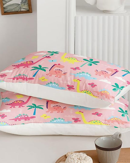 Axolotl Cute Dinosaur Comforter Set Queen,Colorful Dinosaur Girls Bedding Set,Dinosaurs Print Comforter Sets Botanical Palm Trees,Butterfly Bedding Set for Kids Girls Teens,1 Quilt 2 Pillowcases,Pink - LeafyLoom