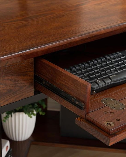 Leick Home 11230 Ironcraft Corner Writing/Computer Rustic Desk with Drawer and Shelf, Mission Oak and Black - LeafyLoom