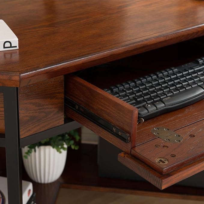Leick Home 11230 Ironcraft Corner Writing/Computer Rustic Desk with Drawer and Shelf, Mission Oak and Black - LeafyLoom