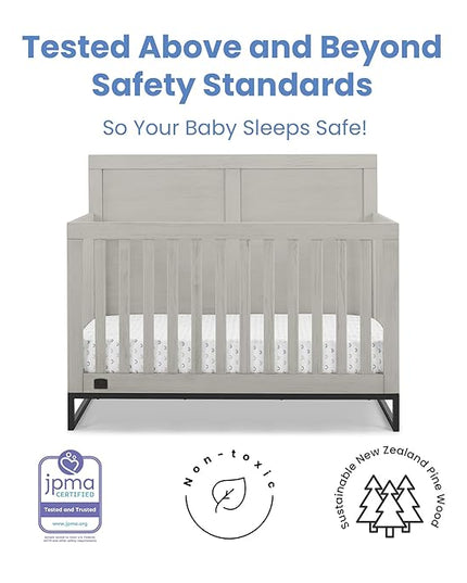 Simmons Kids Foundry 6-in-1 Convertible Baby Crib, Rustic Mist with Matte Black + Quiet Nights Breathable Crib Mattress with Removable/Machine Washable Cover (Bundle) - LeafyLoom